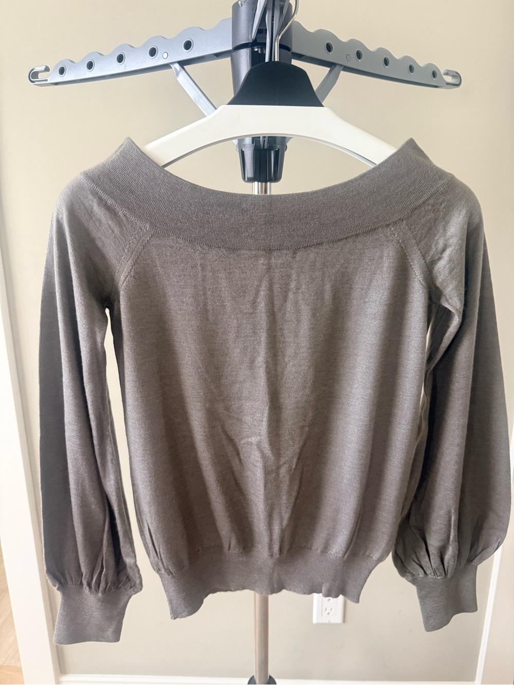 Cruciani Taupe Off-the-Shoulder Knit Sweater with puff sleeves